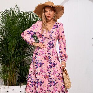 Printed Surplice Long Sleeve Midi Dress